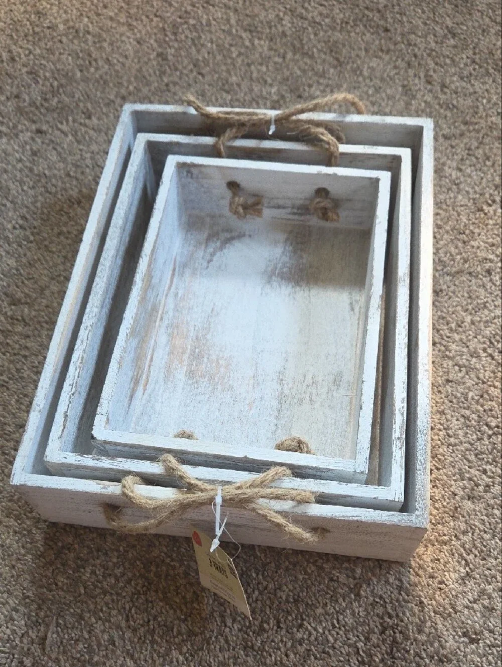 Rustic Whitewashed Wooden Nesting Trays with Rope Handles
